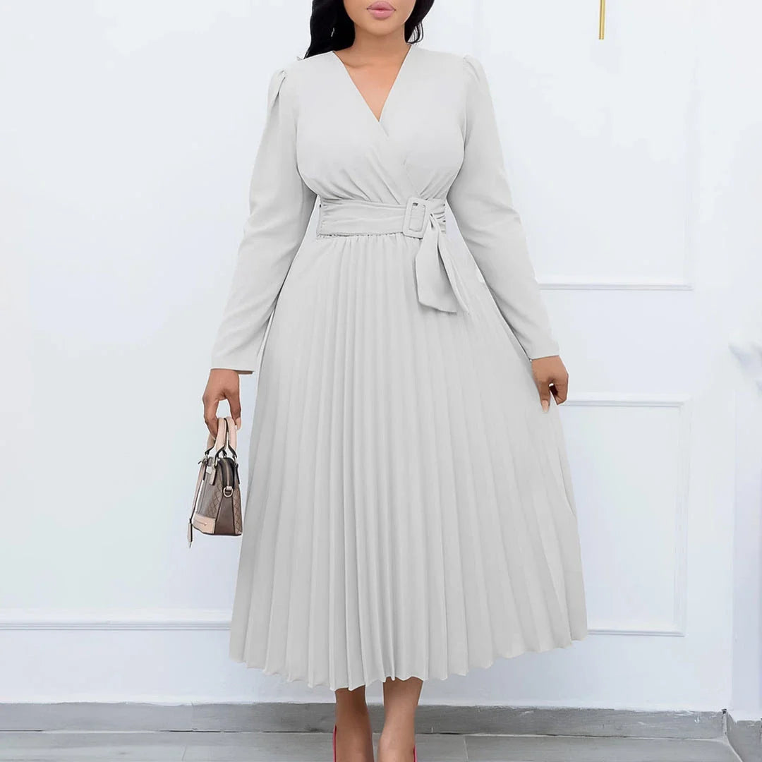 Luxurious long sleeve pleated Africa dress with lace-up neckline, available in multiple colors and sizes