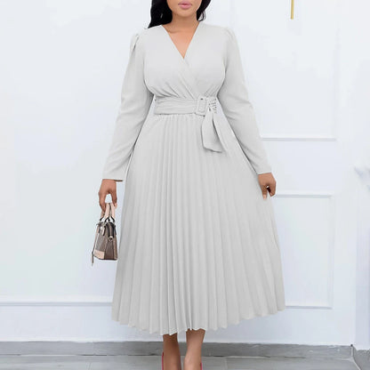 Luxurious long sleeve pleated Africa dress with lace-up neckline, available in multiple colors and sizes