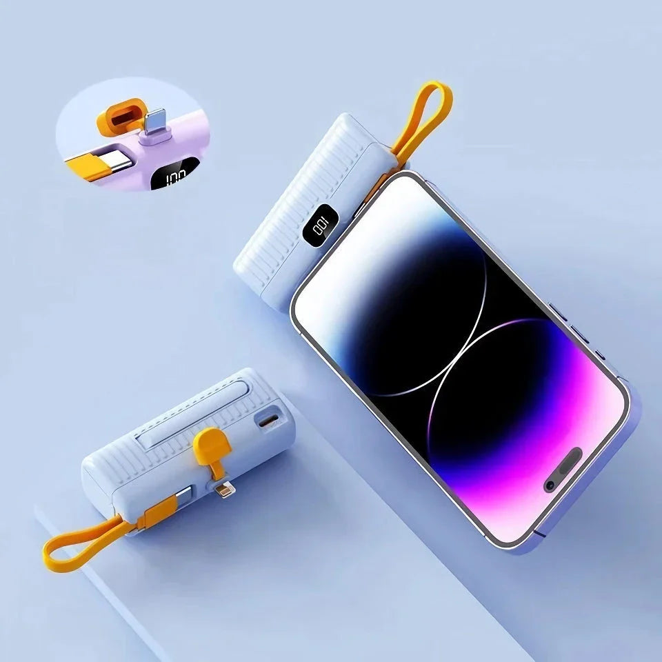 A compact, dual-port 30,000mAh power bank with built-in charging cables and fast charging capabilities.