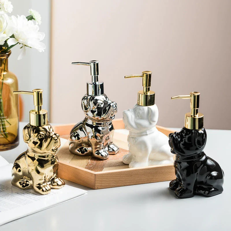 Premium 280ML ceramic dog-shaped soap dispenser with elegant gold and silver finishes for luxurious bathroom decor