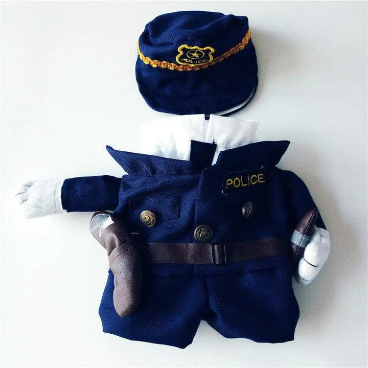 A soft, cotton pet costume designed as a policeman uniform, with a badge and cap, perfect for dressing up your dog or cat for Halloween or other celebrations.