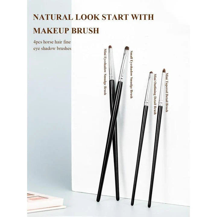 Premium 4-piece eyeliner, smudge, and eyeshadow brush set with natural horse hair bristles for flawless eye makeup