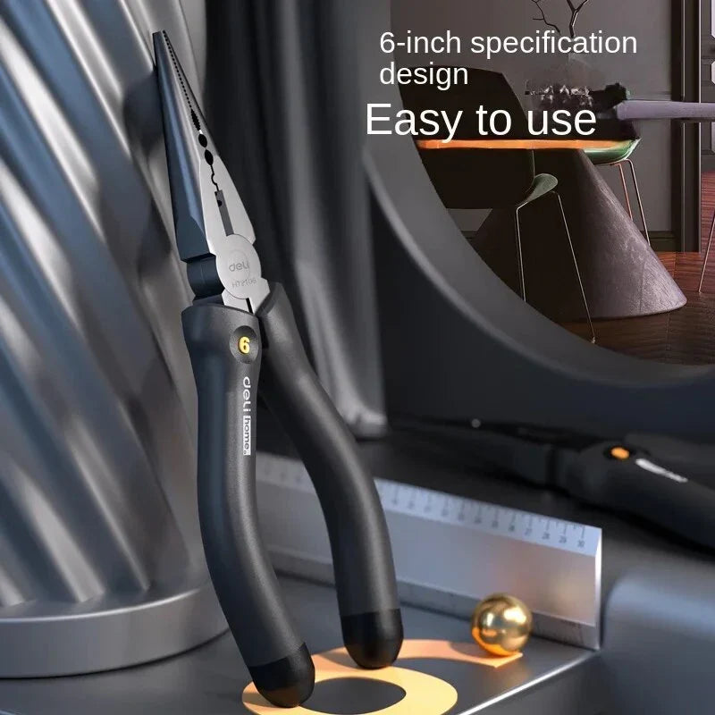 6-Inch Multi-Purpose Long Nose Pliers with Chrome Vanadium Steel Construction and Rubberized Grip for Electricians and DIY Enthusiasts