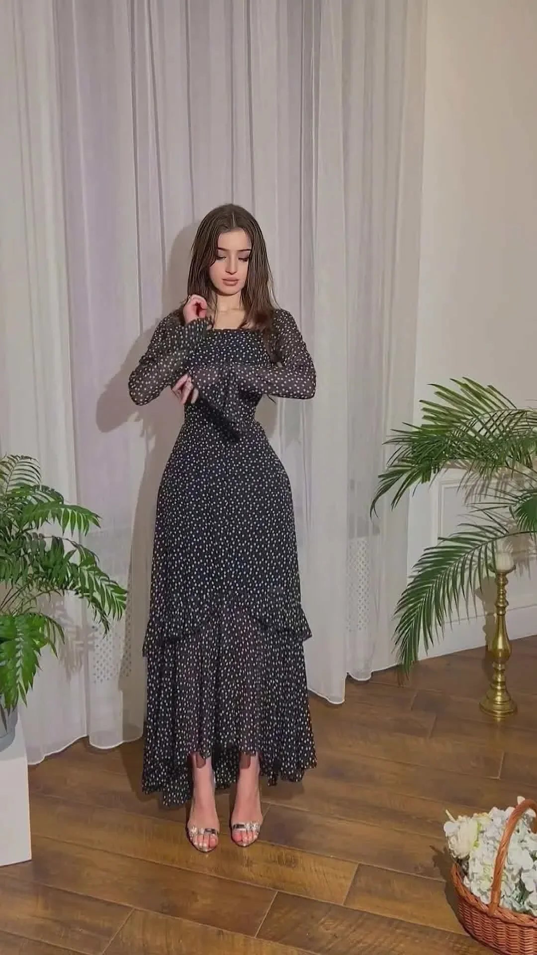 Elegant chiffon polka dot dress with flattering lotus leaf sleeves