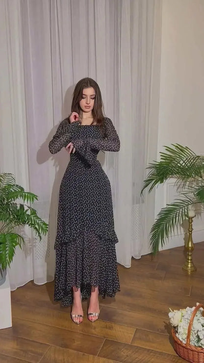 Elegant chiffon polka dot dress with flattering lotus leaf sleeves