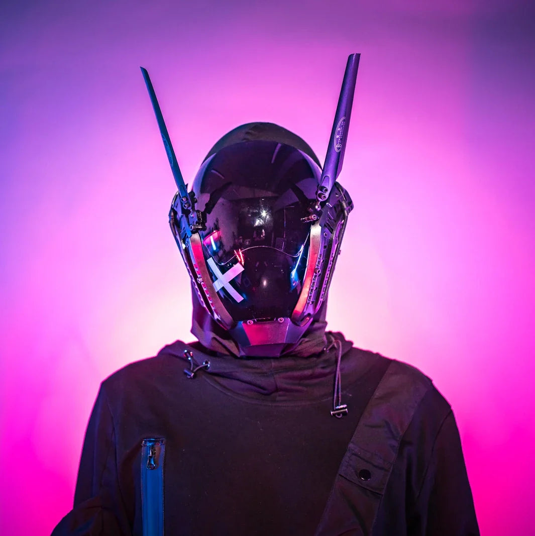 A white face mask with rabbit ears, featuring adjustable elastic straps for a customized fit.