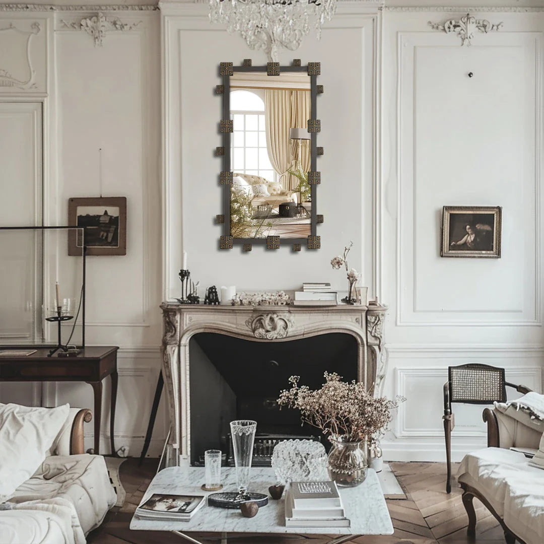 Elegant industrial-vintage rectangular wall mirror with ornate frame, perfect for bathroom, bedroom, or living room decor