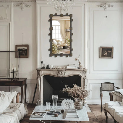 Elegant industrial-vintage rectangular wall mirror with ornate frame, perfect for bathroom, bedroom, or living room decor