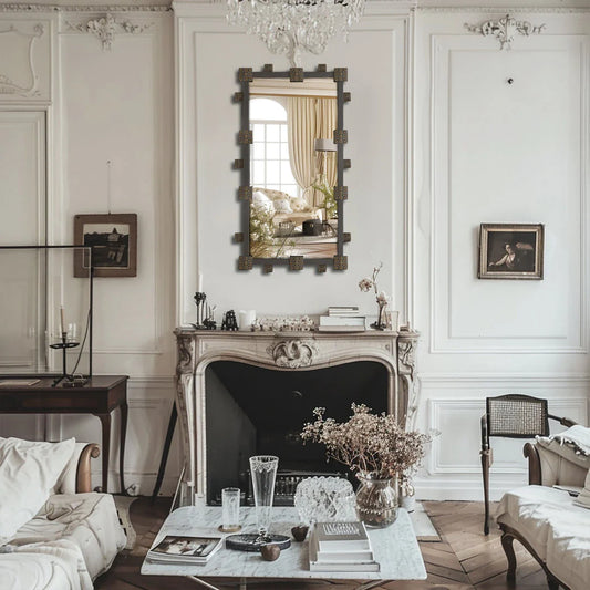 Elegant industrial-vintage rectangular wall mirror with ornate frame, perfect for bathroom, bedroom, or living room decor