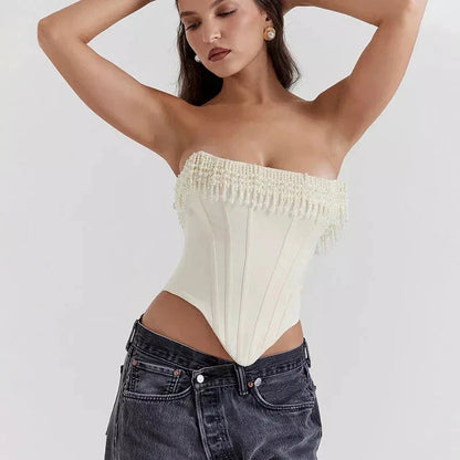 Chic strapless corset top with beaded tassels in white color, perfect for beach parties and special events