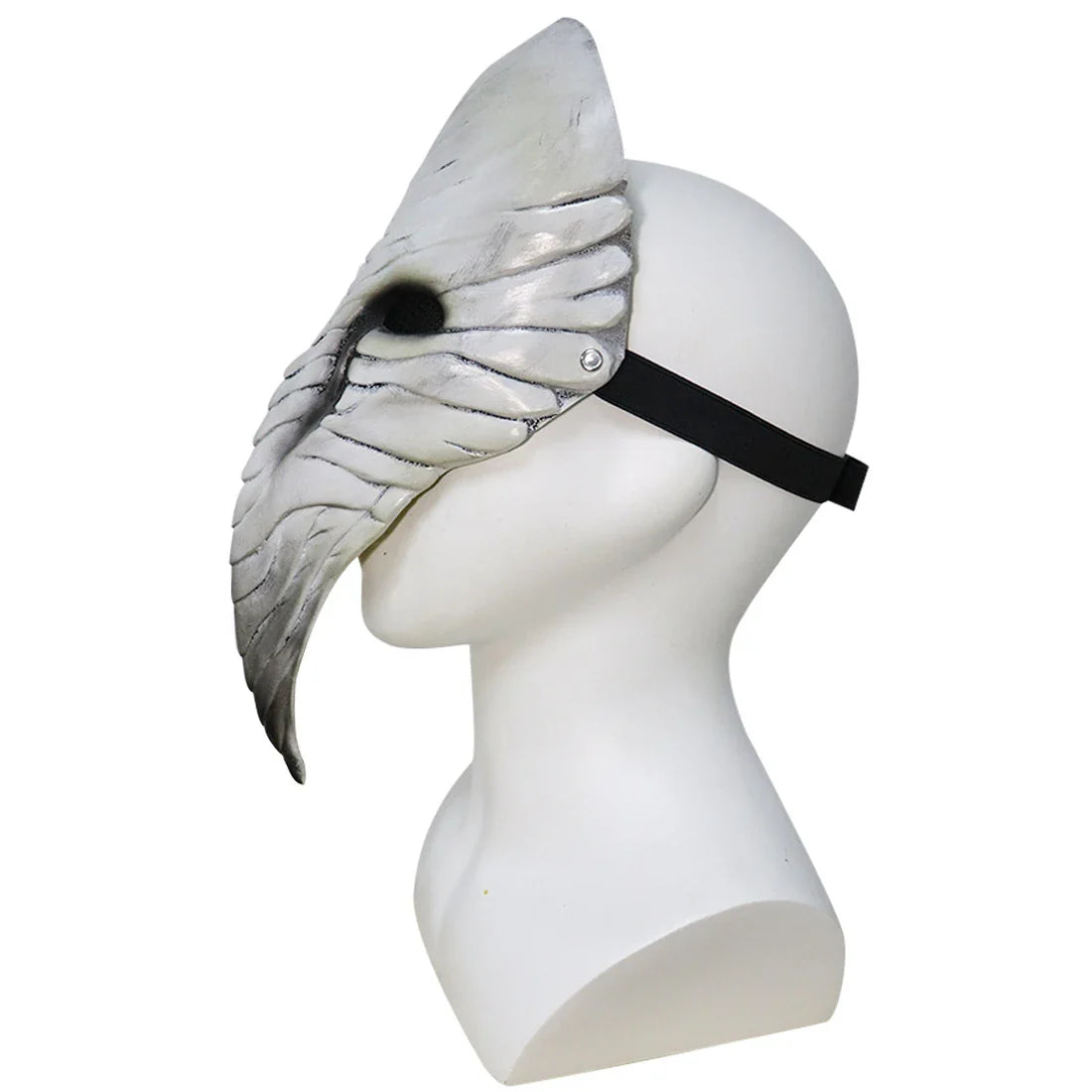 A chilling white latex plague doctor beak mask with a bone-colored finish, perfect for Halloween costumes and Gothic-inspired outfits.