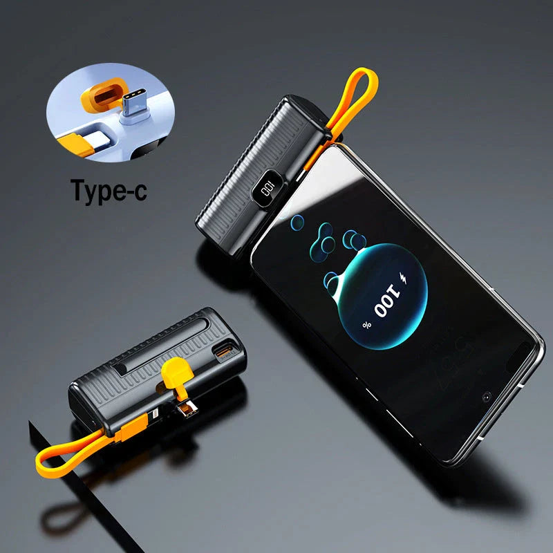A compact, dual-port 30,000mAh power bank with built-in charging cables and fast charging capabilities.