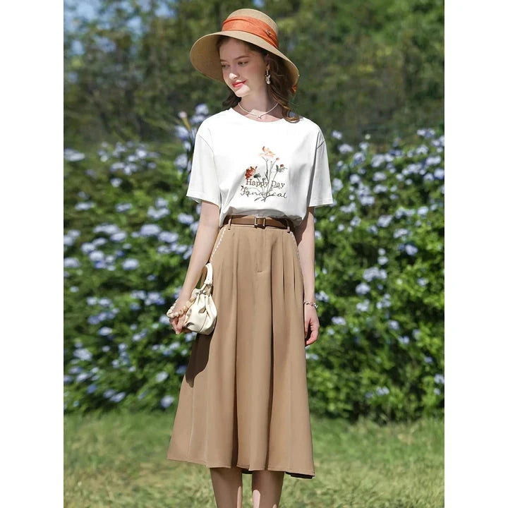 Elegant French-inspired high-waist embroidered A-line skirt in khaki color