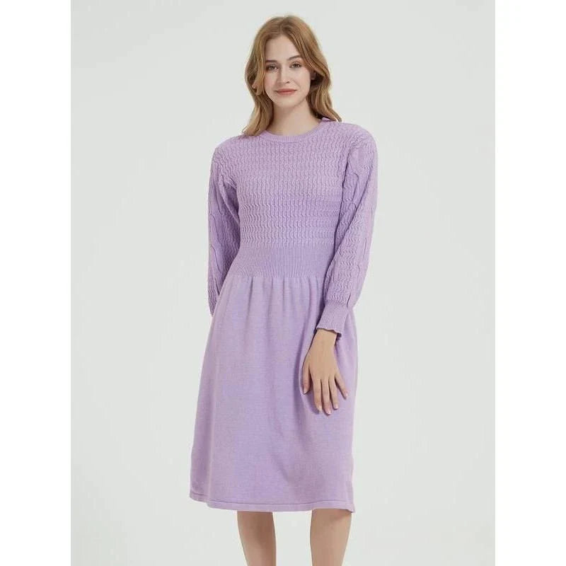 Elegant long sleeve knitted sweater dress in purple red with a classic A-line silhouette and mid-calf length