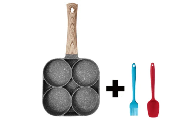 Deluxe 4-Hole Nonstick Omelette Pan with Silicone Spatula and Oil Brush for Perfect Omelets and Scrambles