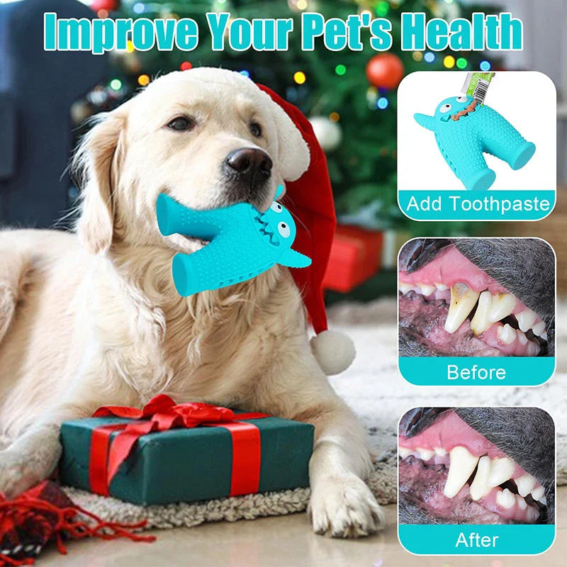 A durable squeaky dog toy made of natural rubber, designed to withstand aggressive chewing and promote dental health