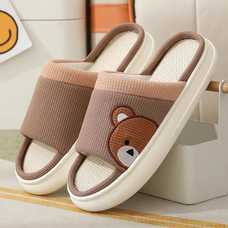 Cozy cartoon bear design linen slippers with non-slip, breathable sole for comfortable indoor wear