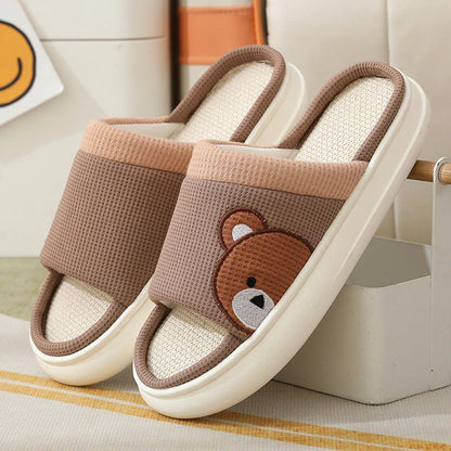 Cozy cartoon bear design linen slippers with non-slip, breathable sole for comfortable indoor wear