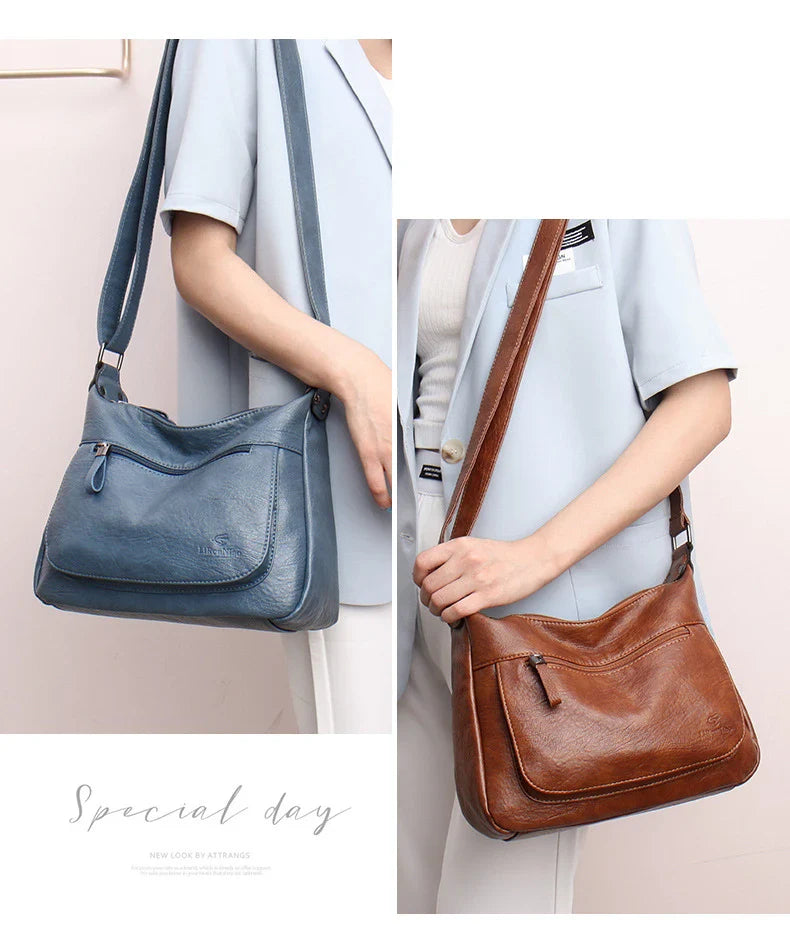 Stylish one-shoulder messenger bag in various colors with a soft, supple PU leather exterior and a spacious, organized main compartment