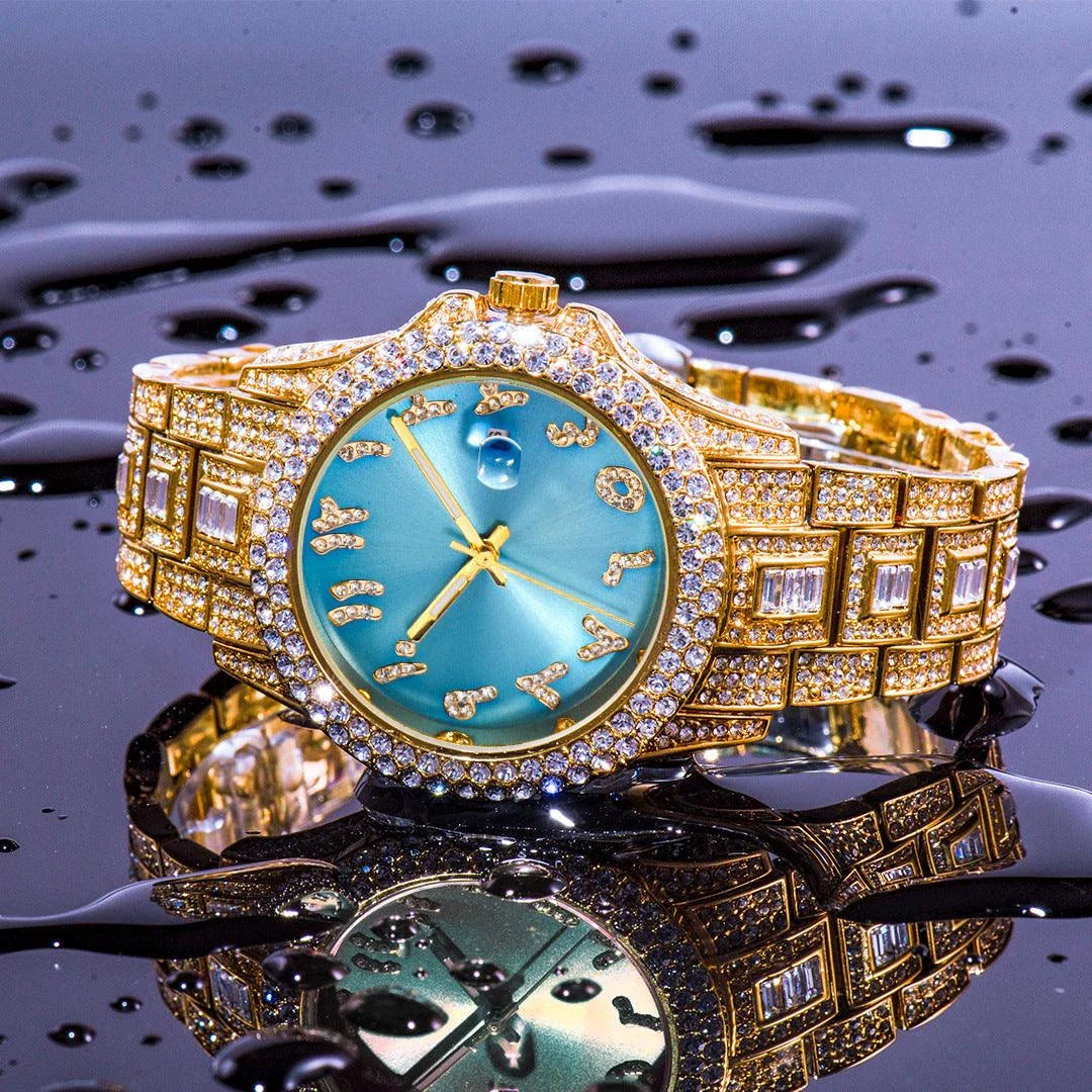 American-designed diamond-encrusted waterproof quartz watch with gold-plated stainless steel construction