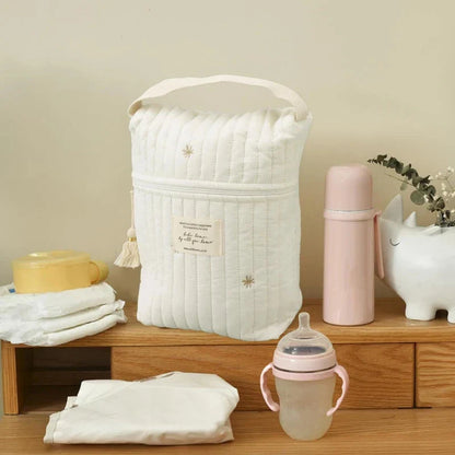 Floral embroidered mommy bag with multiple compartments and secure zipper closure for organized storage