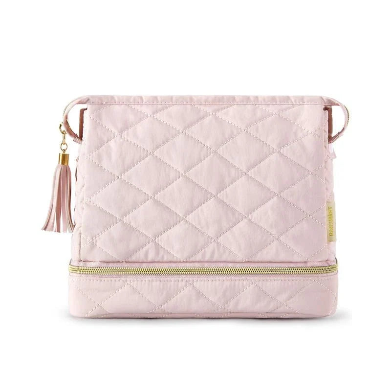 Elegant dual-layer makeup organizer bag in pink color with stylish tassel zippers and smooth zipper closure for easy access to cosmetics and beauty essentials