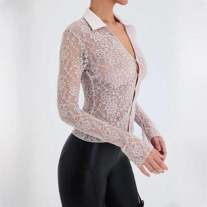 Chic Lace Flare Sleeve T-Shirt with Stylish Turndown Collar - A versatile summer fashion essential crafted from premium polyester