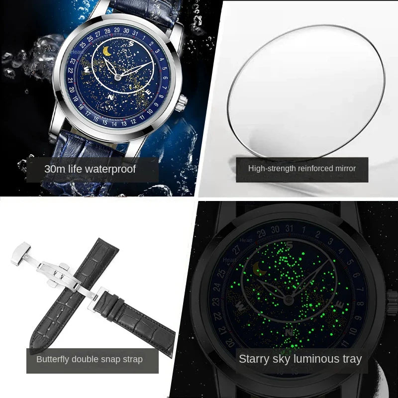 Gypsophila Men's Quartz Luminous Waterproof Fashion Business Watch with Blue Dial and Leather Strap
