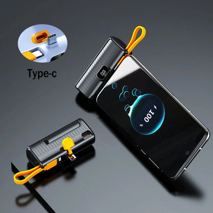A compact, dual-port 30,000mAh power bank with built-in charging cables and fast charging capabilities.