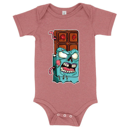 Soft and comfortable baby chocolate zombie onesie with envelope neckline and snap leg closure, made with premium Airlume cotton blend fabric in the USA