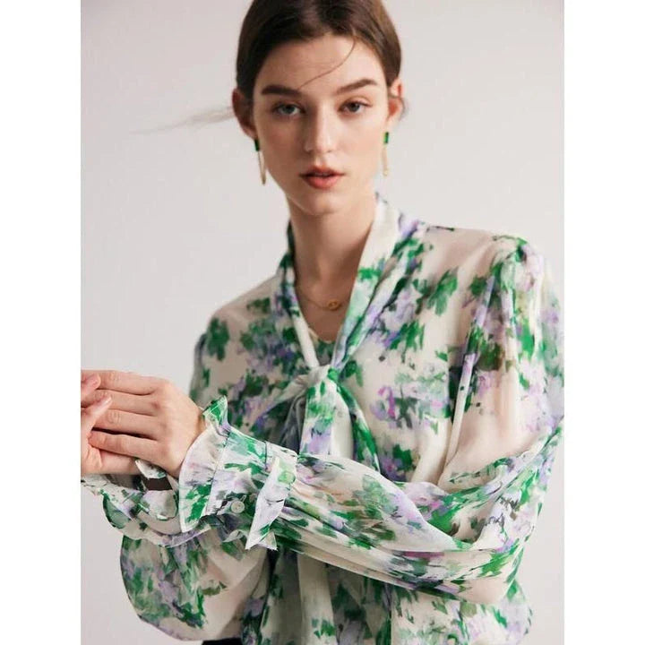 Elegant floral silk-blend bow collar blouse for professional women with a comfortable and flattering fit