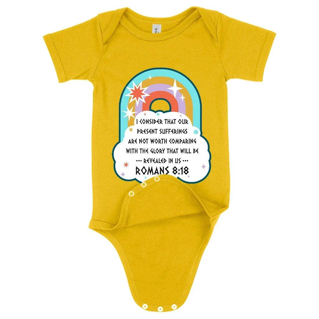 Soft and comfortable Christian baby onesie with Bible verse design, made with premium Airlume cotton for newborns to 24-month-olds.