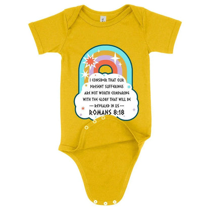 Soft and comfortable Christian baby onesie with Bible verse design, made with premium Airlume cotton for newborns to 24-month-olds.