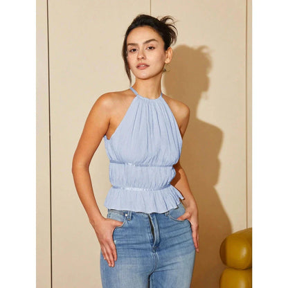 Chic and stylish ruffle hem halter top in Lilac Purple and Baby Blue colors for fashionable women