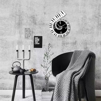 Wall clock with Treble Clef, Piano Keyboard, and Musical Notes design in black and white color