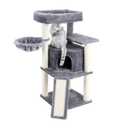 Cozy Cat Tree House with Ladder - A premium cat furniture piece featuring a spacious two-level design, sisal-covered scratching posts, and a convenient built-in ladder for your feline friend's comfort and enrichment.