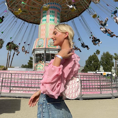 Cute heart-shaped bow tie blouse for girls in pink with ruffled v-neck and slim fit