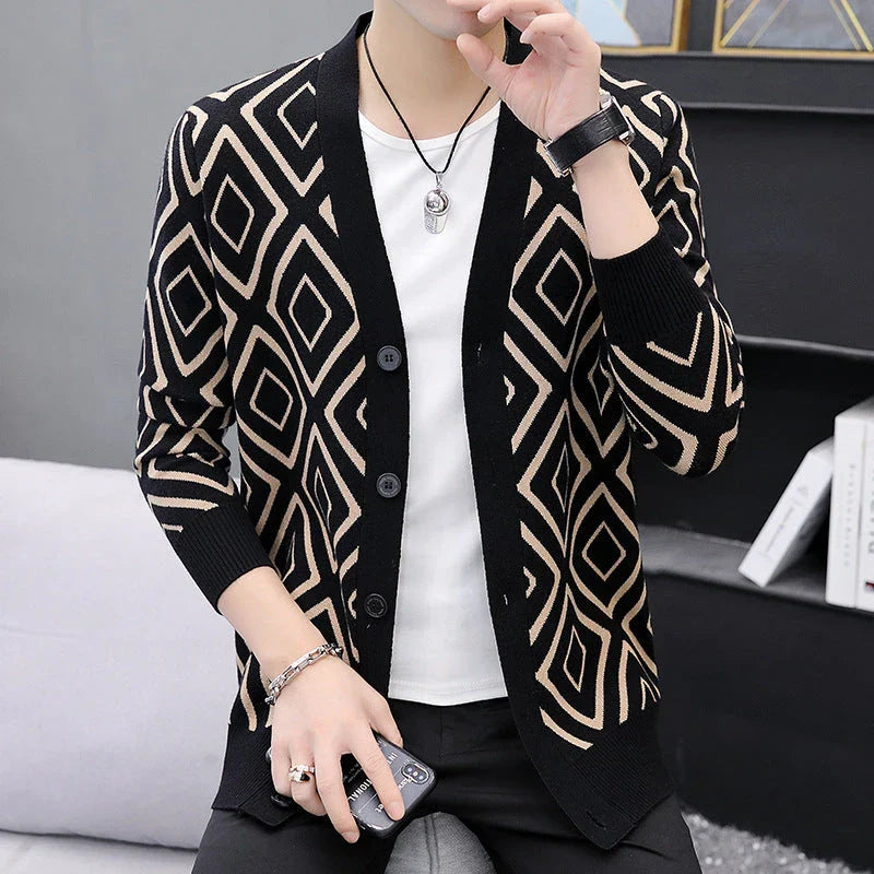 Premium knitted cardigan sweater for men in various classic color options, featuring a soft, comfortable blend of materials and a modern, tailored fit.