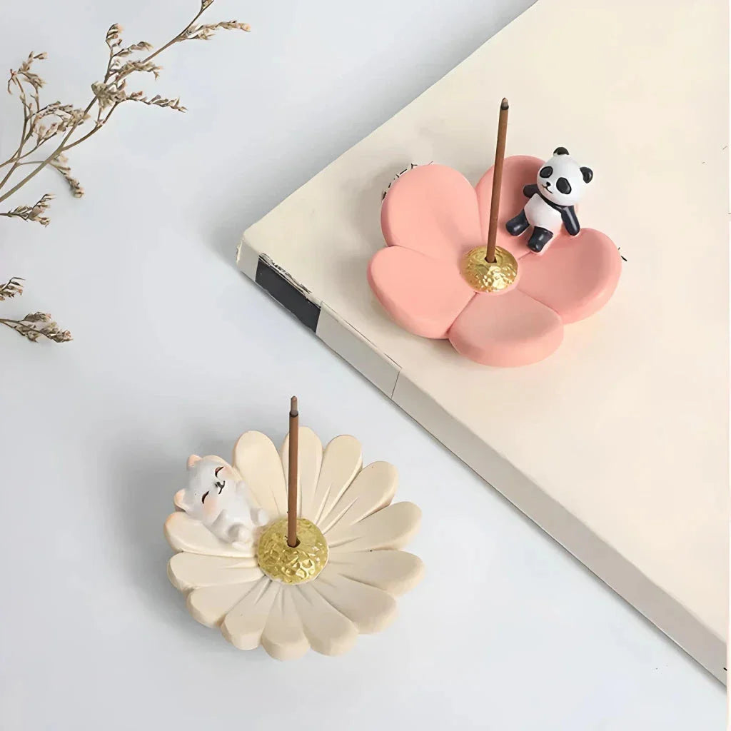 Elegant mini resin incense holder with cherry blossom, water lily, plum blossom, and daisy motifs for calming aromatherapy experience