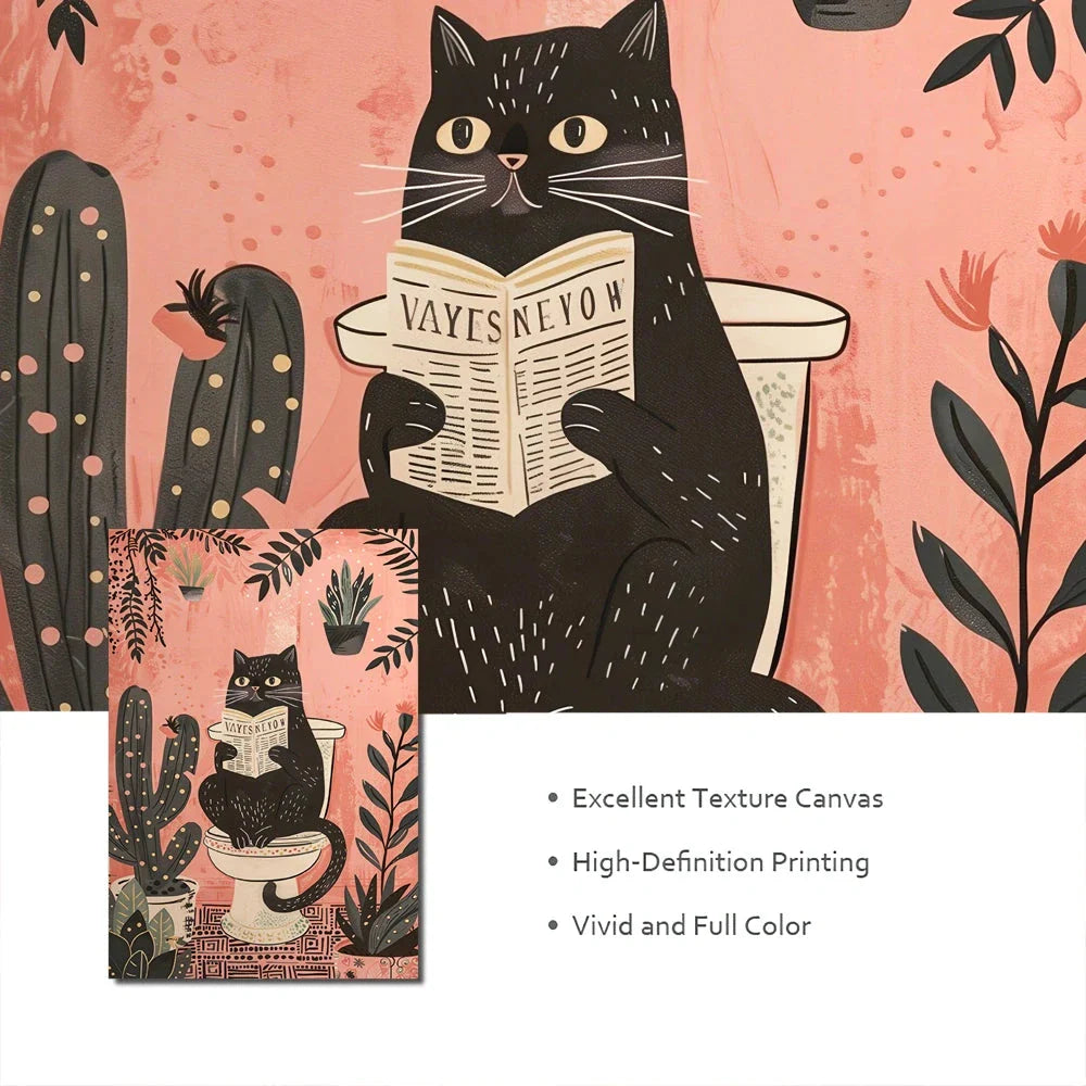 Charming black cat reading on a toilet, printed on a high-quality canvas poster for bathroom decor