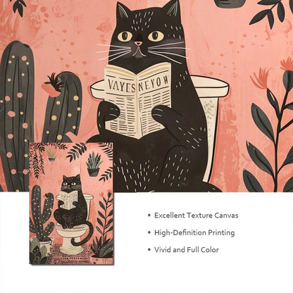 Charming black cat reading on a toilet, printed on a high-quality canvas poster for bathroom decor