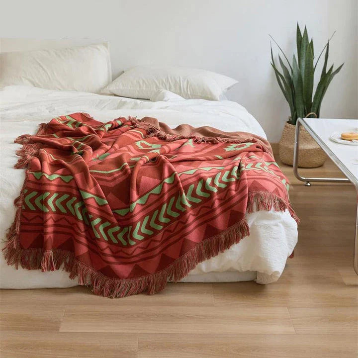 Luxurious Indian Tribal Geometric Pattern Throw Blanket with Fringes for Cozy Home Decor