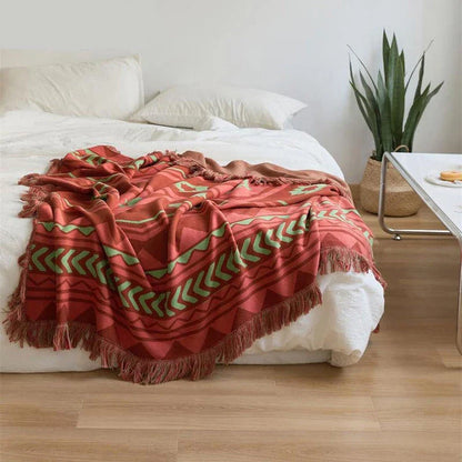 Luxurious Indian Tribal Geometric Pattern Throw Blanket with Fringes for Cozy Home Decor