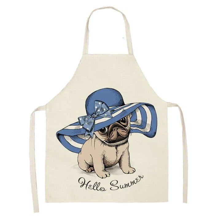 Charming pug-themed apron with a vibrant print, made of durable cotton and linen materials for practical kitchen use.
