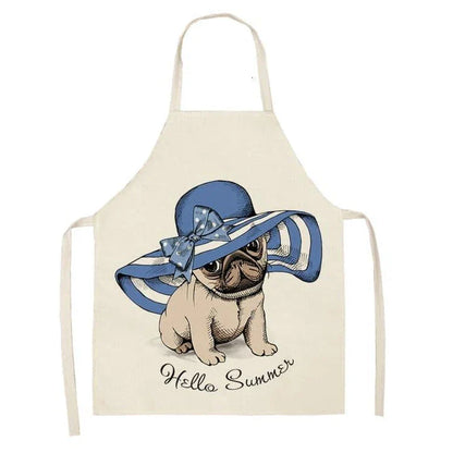 Charming pug-themed apron with a vibrant print, made of durable cotton and linen materials for practical kitchen use.