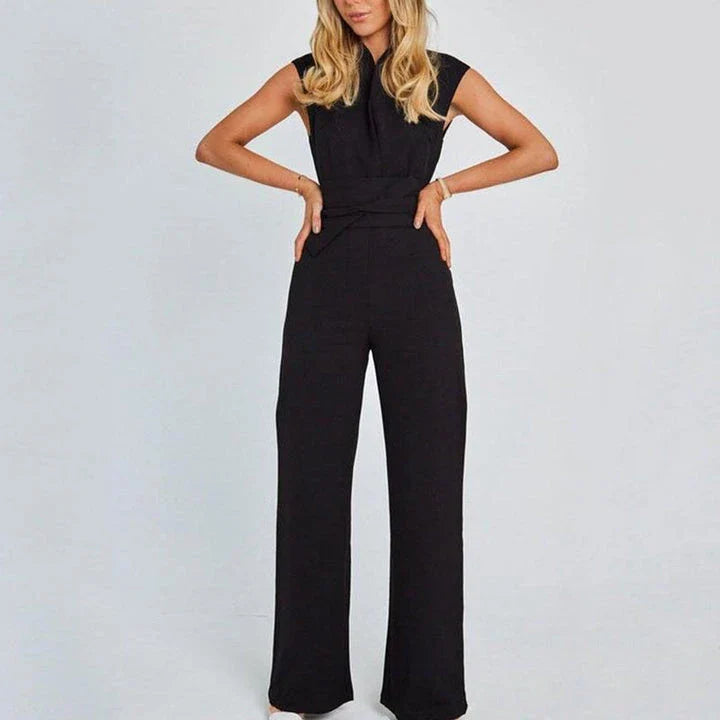Elegant V-Neck Sleeveless Wide-Leg Jumpsuit for Women in Khaki Color