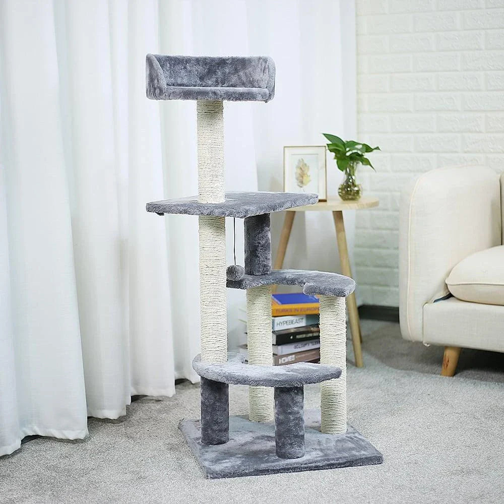 Cozy Cat Tree House with Ladder - A premium cat furniture piece featuring a spacious two-level design, sisal-covered scratching posts, and a convenient built-in ladder for your feline friend's comfort and enrichment.
