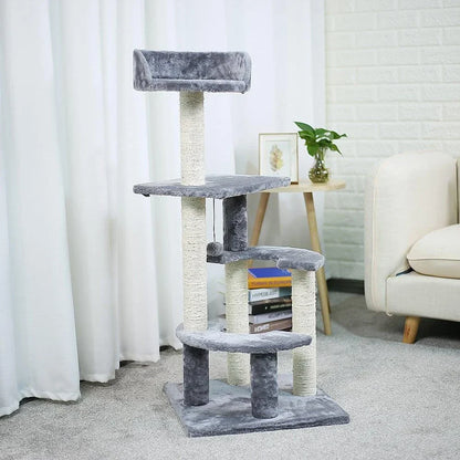 Cozy Cat Tree House with Ladder - A premium cat furniture piece featuring a spacious two-level design, sisal-covered scratching posts, and a convenient built-in ladder for your feline friend's comfort and enrichment.