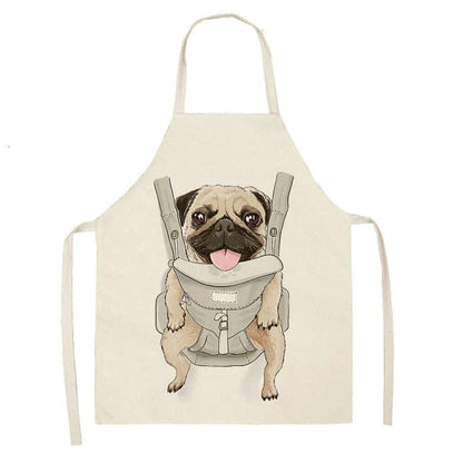 Charming pug-themed apron with a vibrant print, made of durable cotton and linen materials for practical kitchen use.