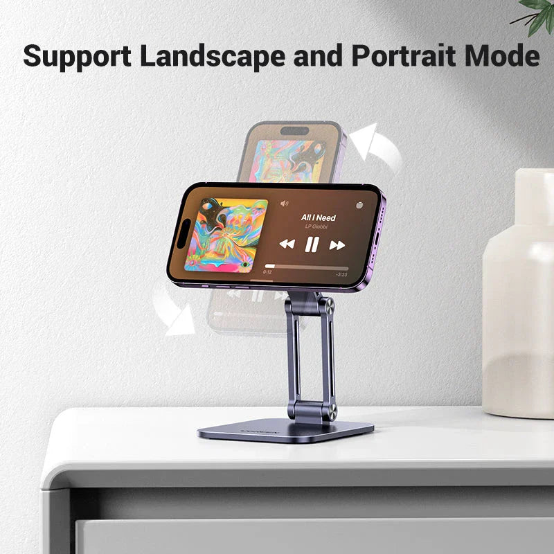 Magnetic phone holder with adjustable stand, made of durable aluminum alloy for hands-free convenience